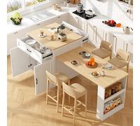 Zepneiy Table de Bar Extensible avec Espace de Rangement (133-202×70×93,5 cm), avec 2 tiroirs et 2 Compartiments, pour 2 à 6 Personnes, Chariot de Cuisine avec étagères latérales, Blanc
