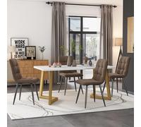 Zepneiy Table rectangulaire avec 4 chaises 117 cm de diamètre Plateau MDF Pieds fer plaqué or Chaises salle à manger lin marron