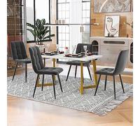 Zepneiy Table rectangulaire avec 4 chaises 117 cm de diamètre plateau MDF pieds fer plaqué or chaises velours gris foncé