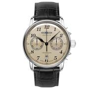 Zeppelin Hindenburg 7678-5 LZ129 Montre chronographe pour homme en acier inoxydable argenté avec cadran champagne et bracelet en cuir Mouvement à quartz japonais Fabriqué en Allemagne