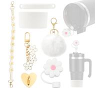 Zequech Tasse à boire, décoration faite à la main, combinaison de charme fleur cœur en peluche, poignée en silicone tressée anti-poussière, 30 cm, cadeau d'anniversaire, Noël - Blanc