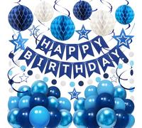 ZERODECO Décoration Anniversaire, Bannière Joyeux Anniversaire Bleue Facile à Assembler avec Boule Alvéolée, Ballon, Guirlande Spirale à Suspendre, Décorations de Fête pour Femmes, Garçons et Filles