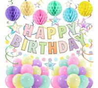 ZERODECO Décoration Anniversaire, Bannière Joyeux Anniversaire Pastel Facile à Assembler avec Boule Alvéolée, Ballon, Guirlande Spirale à Suspendre, Décorations de Fête pour Femmes, Filles et Enfants