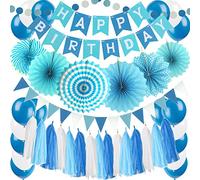 ZERODECO décoration d 'Anniversaire, Happy Birthday Banderole en Papier éventail de Fleurs banderoles de Drapeau Tricolore Foulard en Papier et Ballon décoration d' Happy Birthday (Bleu)