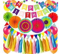 ZERODECO décoration d 'Anniversaire, Happy Birthday Banderole en Papier éventail de Fleurs banderoles de Drapeau Tricolore Foulard en Papier et Ballon décoration d' Happy Birthday (Multicolore)