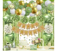 ZERODECO Décoration d'anniversaire verte, pompons, bannière Happy Birthday, rideau à paillettes, ballons rétro, vert, avocat, vert, anniversaire d'enfant, fille, garçon, homme, femme, décoration de