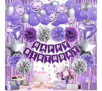 ZERODECO Décoration d'anniversaire violet et argenté - Guirlande de pompons violets - Rideau - Ballons - Décoration d'anniversaire pour fille - Décoration d'anniversaire pour femme et femme -
