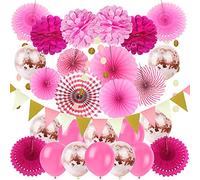 ZERODECO Décoration de fête - Ballons roses en papier - Pompons à suspendre - Fanions triangulaires et guirlande à suspendre - Accessoires de fête pour mariage, fête prénatale, décoration de chambre