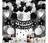 ZERODECO Décoration de fête d'anniversaire noir et blanc, bannière Happy Birthday avec pompons en papier mouchoir à pompons, ballons à fleurs, pour décorations de fête d'anniversaire
