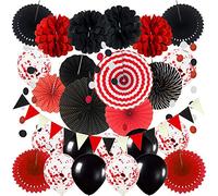 ZERODECO Décoration de fête, Éventails en papier Rouge Pom Poms Guirlandes de Confettis Ballons en latex String à pois Triangle Bunting pour anniversaire Fête