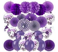 ZERODECO Décoration de fête, Éventails en papier Violet Pom Poms Guirlandes de Confettis Ballons en latex String à pois Triangle Bunting pour anniversaire Fête