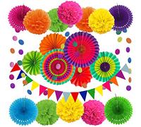 ZERODECO Décoration de fête Fournitures, 21 Pièces Multicolore Papier Pompoms Fleurs, Eventail Boule, Banderole en Triangle, Ventilateur de Guirlandes fête d'anniversaire, Fiesta Mexicain Carnaval