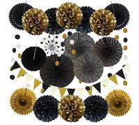 ZERODECO Décoration de fête Fournitures, 21 Pièces Noir Papier Pompoms Fleurs, Eventail Boule, Banderole en Triangle, Ventilateur Guirlandes fête Baptême Birthday Graduation d'anniversaire Décoration