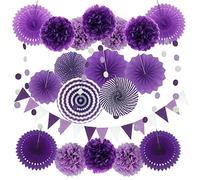 ZERODECO Décoration de fête Fournitures, 21 Pièces Violet Papier Pompoms Fleurs Eventail Boule Banderole en Triangle Ventilateur de Papier et Guirlandes fête d'anniversaire Douche de bébé décoration