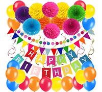 ZERODECO Décorations Anniversaire, Anniversaire Bannière Décoration Fête en Happy Birthday Banderole, Pom Poms, Banderole en Triangle, Guirlandes, Suspendus Tourbillons et Ballons - Multicolore