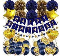 Zerodeco Décorations Anniversaire, Anniversaire Bannière Décoration Fête Happy Birthday Banderole, Pom Poms, Banderole en Triangle, Guirlandes, Suspendus Tourbillons et Ballons - Marine Bleu