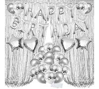 ZERODECO Décorations Anniversaire, Argentés Happy Birthday Bannière Ballon Rideau Métallique Coeur et étoiles en Forme de Ballons en Aluminium et Ballons Confettis pour Filles Garçons et Adultes