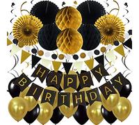 ZERODECO Décorations Anniversaire Happy Birthday Bon Anniversaire Bannière Fête Papier de Soie Boule Alvéolé Pompoms, Banderole en Triangle Guirlandes Verticales Ballons - Noir
