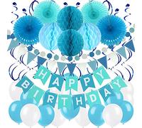 ZERODECO Décorations Anniversaire Happy Birthday Bon Anniversaire Bannière Fête Papier de Soie Boule Alvéolé Pompoms, Banderole en Triangle Guirlandes Verticales Ballons - Bleu