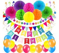ZERODECO Décorations Anniversaire Happy Birthday Bon Anniversaire Bannière Fête Papier de Soie Boule Alvéolé Pompoms, Banderole en Triangle Guirlandes Verticales Ballons - Multicolore