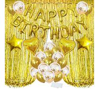 ZERODECO Décorations Anniversaire, Or Happy Birthday Bannière Ballon Rideau Métallique Coeur et étoiles en Forme de Ballons en Aluminium et Ballons Confettis pour Filles Garçons et Adultes