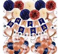 ZERODECO Décorations d'anniversaire - Bannière « Happy Birthday », pompons en papier - pour garçons, filles, hommes, femmes (bleu marine, or rose)