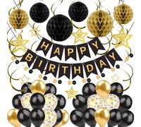 ZERODECO Décorations d'anniversaire noires et dorées, facile à monter, bannière Happy Birthday avec boule en nid d'abeille, ballon, guirlande tourbillonnante, guirlande, décorations de fête pour