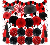 ZERODECO Décorations de fête, 41 pcs Eventail Papa Noir et Rouge Pompon Guirlande String Papier Kleenex Franges Graduation Mariée Baby Shower Mariage Garçons Filles Fêtes d'anniversaire