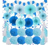 ZERODECO Décorations de fête, 41 pcs Eventails Papa Bleu Pompon Guirlande String Papier fin Fête Carnaval Accueil Mariées Douches de bébé Mariages Garçons Filles Fêtes d'anniversaire