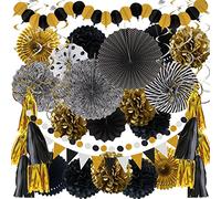 ZERODECO Décorations de fête, 41 pcs Eventails Papa Noir et Or Pompon Guirlande Fine Cordon Papier Fleur Graduation Félicitations aux diplômés Nouvel An Mariage Fête d'anniversaire