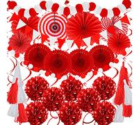 ZERODECO Décorations de fête, 41 pcs Fan Papa rouge Pompon Guirlande String Papier Kleenex Franges Graduation Félicitations aux diplômés Nouvel An Fête du Printemps Mariage Fête d'anniversaire