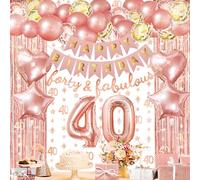 ZERODECO Décorations de fête d'anniversaire or rose pour 40e, quarante et fabuleuses bannières « Happy Birthday » - Rideau à franges - Guirlande de 40 ballons en forme de cœur et d'étoiles - Ballons