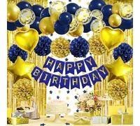 ZERODECO Décorations de fête d'anniversaire pour homme, bannière « Happy Birthday » bleu marine et doré, pompons, arche de ballons, rideau à franges, décoration de fête pour hommes, garçons, femmes