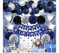ZERODECO Décorations de fête d'anniversaire pour homme, noir, bleu marine, argent, bannière « Happy Birthday », pompons, arche de ballons, rideau à franges, décoration de fête pour hommes, garçons,