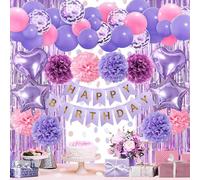 ZERODECO Décorations de fête d'anniversaire rose et violet pour femmes et filles, bannière « Happy Birthday », pompons, arche de ballons, rideau à franges, décoration de fête pour bébés filles,