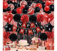 ZERODECO Décorations de fête d'anniversaire rouge et noir, bannière « Happy Birthday », pompons noirs et rouges pour arche de ballons à franges, décoration de fête pour bébé fille et femme