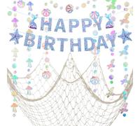 ZERODECO Décorations de fête d'anniversaire sirène, bannière « Happy Birthday », guirlande de sirène irisée et résille pour anniversaire sur le thème de la sirène, décoration nautique, fête pirate,