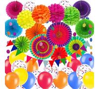 ZERODECO Décorations de fête en papier multicolore Pompons Fleurs Guirlandes Confettis Ballons en latex Corde à pois Triangle Fanion Anniversaire Cinco De Mayo Fiesta