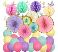 ZERODECO Décorations de fête pastel, décoration murale papillon 3D en papier coloré, éventails en nid d'abeille, ballons pour enfants, bébés, adultes, garçons, filles, décorations de fête prénatale