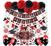 ZERODECO Décorations de Remise des diplômes, Noir and Or Bannières Papier Eventail Boules Décorations Suspendues Remous Swirl Banderole en Triangle Guirlandes Ballons (Noir et Rouge)