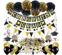 ZERODECO Décorations de Remise des diplômes, Noir and Or Congrats Grad Bannières Papier de Soie Pom Poms Décorations Suspendues Remous Swirl Banderole en Triangle Guirlandes Ballons