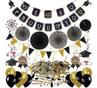 ZERODECO Décorations de Remise des diplômes, Noir and Or We are So Proud of You Bannières Papier Eventail Boules Décorations Suspendues Remous Swirl Banderole en Triangle Guirlandes Ballons