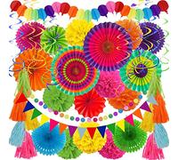 ZERODECO Décorations pour fêtes, 41 pcs Eventails Papa multicolores Guirlande de pompons String Papier Tissu Tissu Mexicain Cinco De Mayo Coco Carnaval Fête d'anniversaire