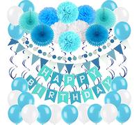Zerodeco Ensemble de Décoration - Bleu Bannière Happy Birthday avec éventails en Papier Pompons Floraux en Papier de Soie Spirales Suspendues et Ballons pour Décorations de fête d'anniversaire