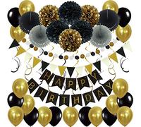 ZERODECO Ensemble de décoration d'anniversaire - Bannière Happy Birthday avec éventails en pompons floraux en papier de soie spirales suspendues et ballons pour décorations de fête d'anniversaire