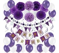 ZERODECO Ensemble de décoration d'anniversaire - Violet Bannière Happy Birthday avec éventails en Papier Pompons Floraux en Papier de Soie et Ballons pour décorations de fête d'anniversaire