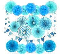 ZERODECO Ensemble de décoration de fête Bleu avec 21 éventails en Papier à Suspendre Pompons guirlandes fanions triangulaires pour fêtes d'anniversairefêtes nuptiales fêtes prénatales Mariages