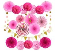 ZERODECO Ensemble de décoration de fête Rose avec 21 éventails en Papier à Suspendre Pompons guirlandes fanions triangulaires pour fêtes d'anniversairefêtes nuptiales fêtes prénatales Mariages