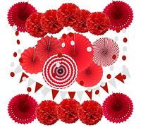 ZERODECO - Ensemble de décoration de fête rouge avec 21 éventails en papier à suspendre, pompons, fleurs, guirlandes, fanions triangulaires, pour fêtes d'anniversaire, fêtes prénatales, mariages