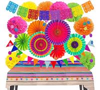 ZERODECO Ensemble de décorations de fête Fiesta - Bannières mexicaines et nappe de table, éventails en papier Fiesta et pompons, fournitures de fête sur le thème du Cinco de Mayo Coco